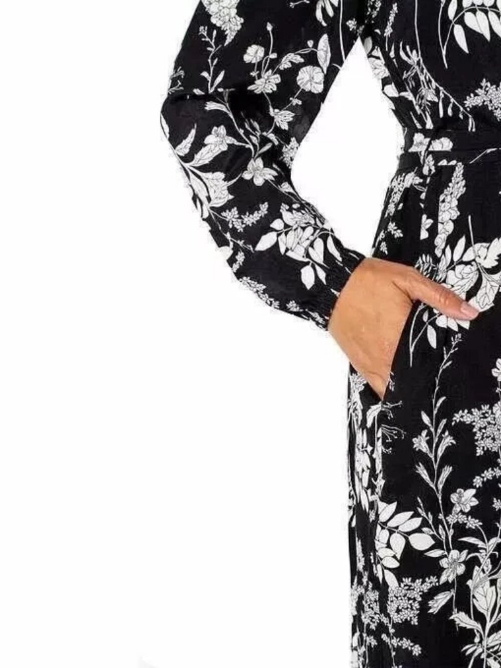 Women's Dress, Crepe Tie-Belt Long Sleeve Button, Black Print, Small - Picture 6 of 6